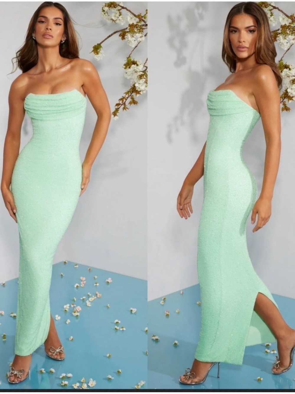 oh‎ polly PALERMO | Embellished Bandeau Cowl Neck Maxi
Dress in Mint